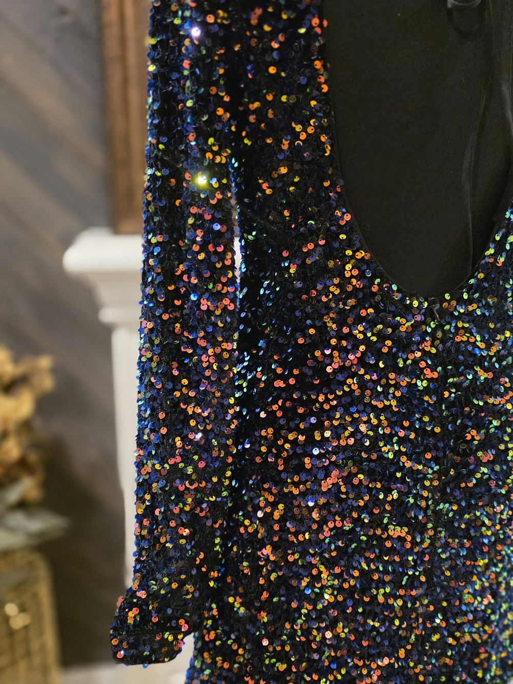 Black Multicolor Sequin Long Sleeve Mini Dress - Picture 4 of 15